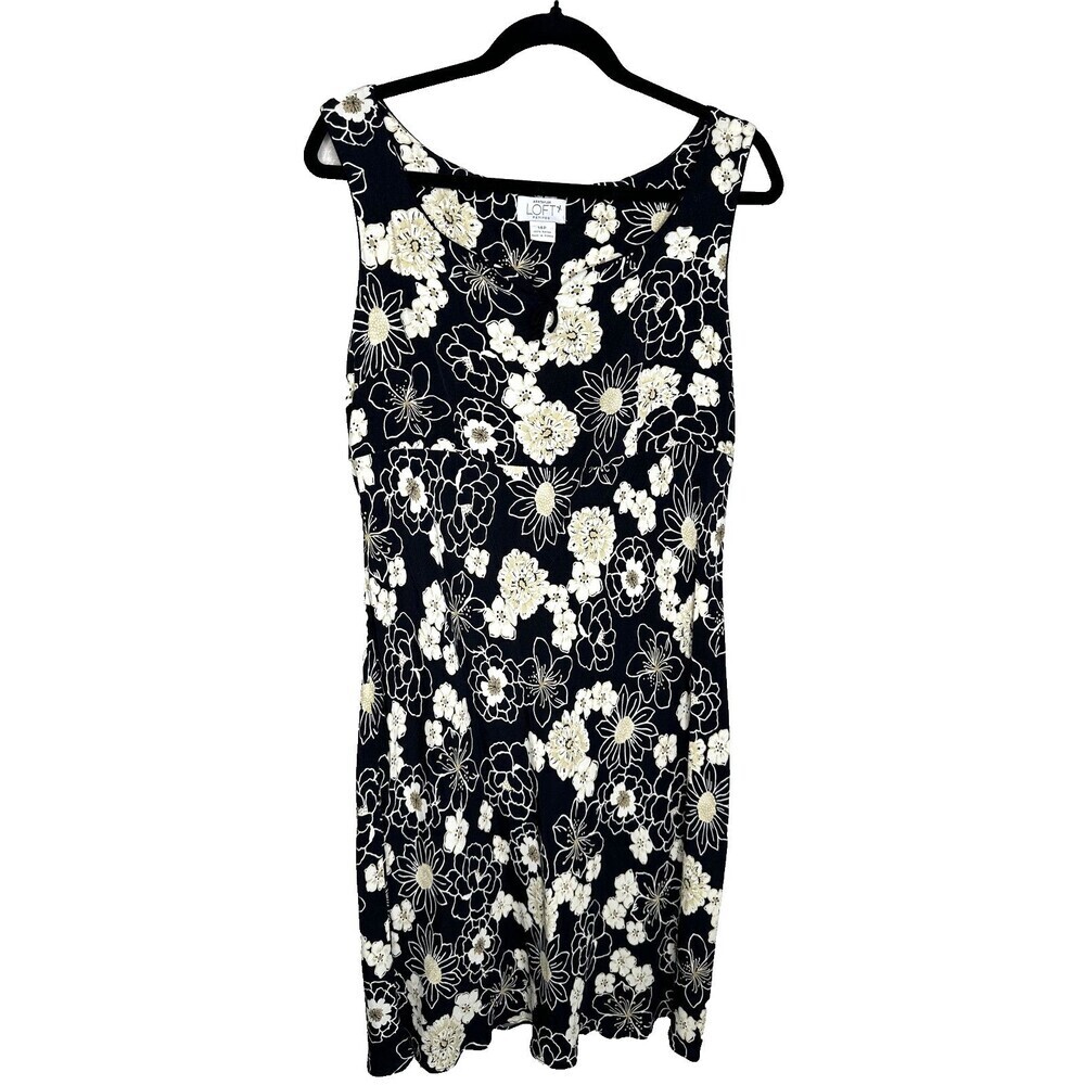 Ann Taylor Loft Dress Womens 14 P Floral Sleeveless Rayon Petites Black White